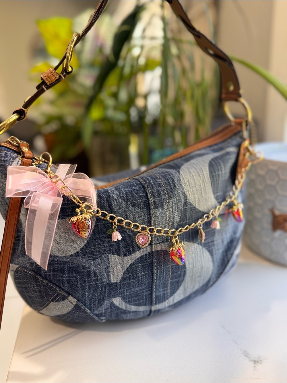 Coach Signature Tonal Denim Hobo Bag Braided Strap